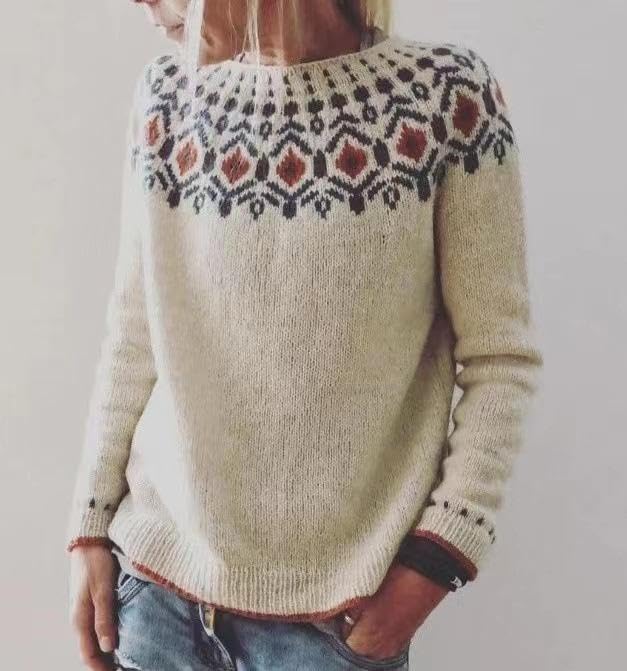 Fair Isle Casual Boho Knit  Crewneck Long Sleeve Sweater