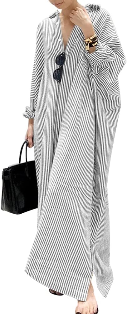 Casual Long Sleeve Button Down Loose Striped Cotton Maxi Shirt Dress
