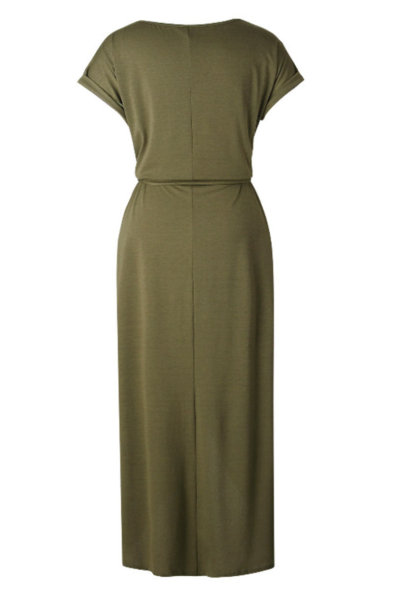 Casual Round Neck Irregular Ruched Slit Front Midi Dress