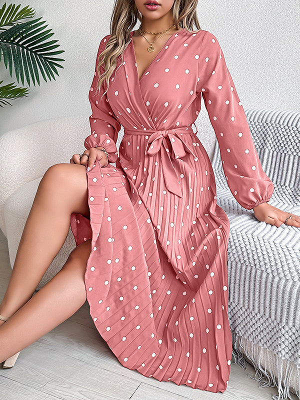 Classic V-neck Long Sleeves Polka Dots Print Midi Dress