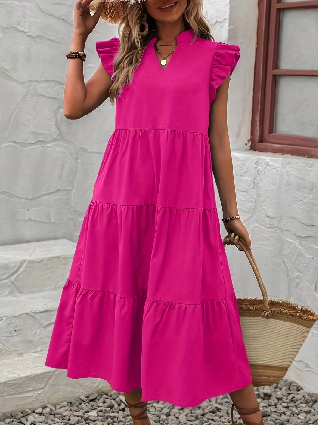 Loose V Neck Ruffle Sleeve Tiered Midi Dress