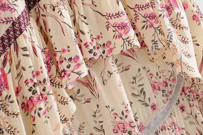 Boho Beige Floral Print High Low Dress