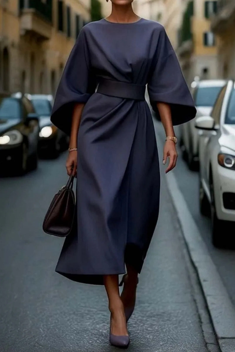 Elegant O Neck Long Sleeves Ruched Midi Dress