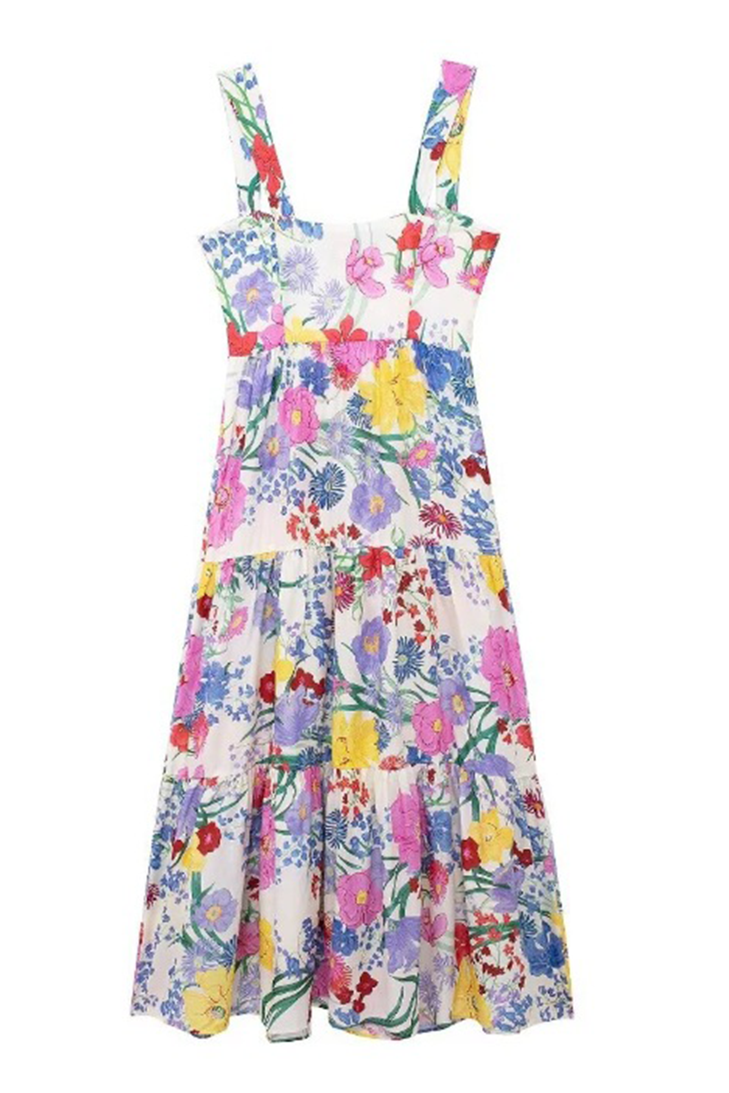 Casual Floral Print Straps Midi Dress