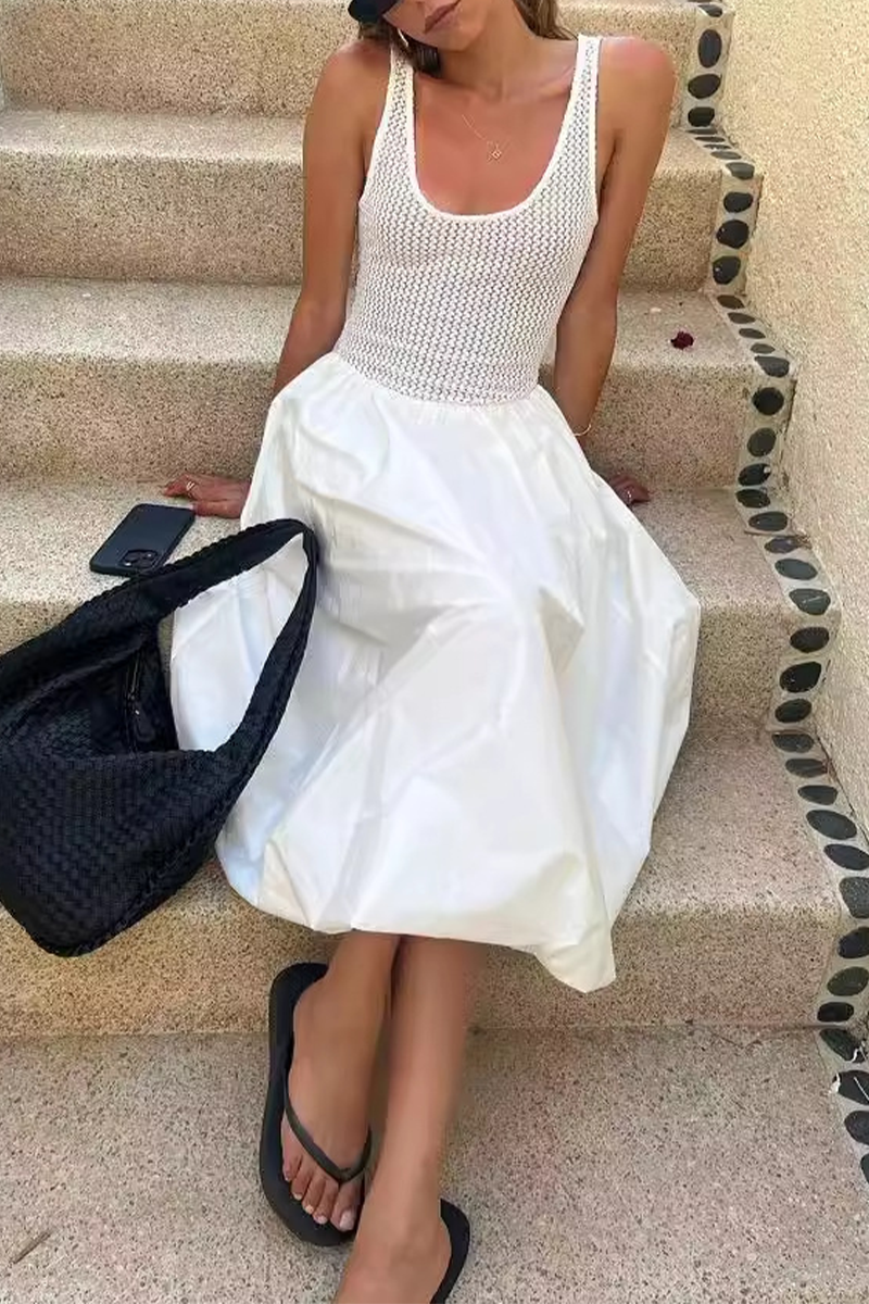 White Casual Patchwork U Neck Sleeveless Midi Dress