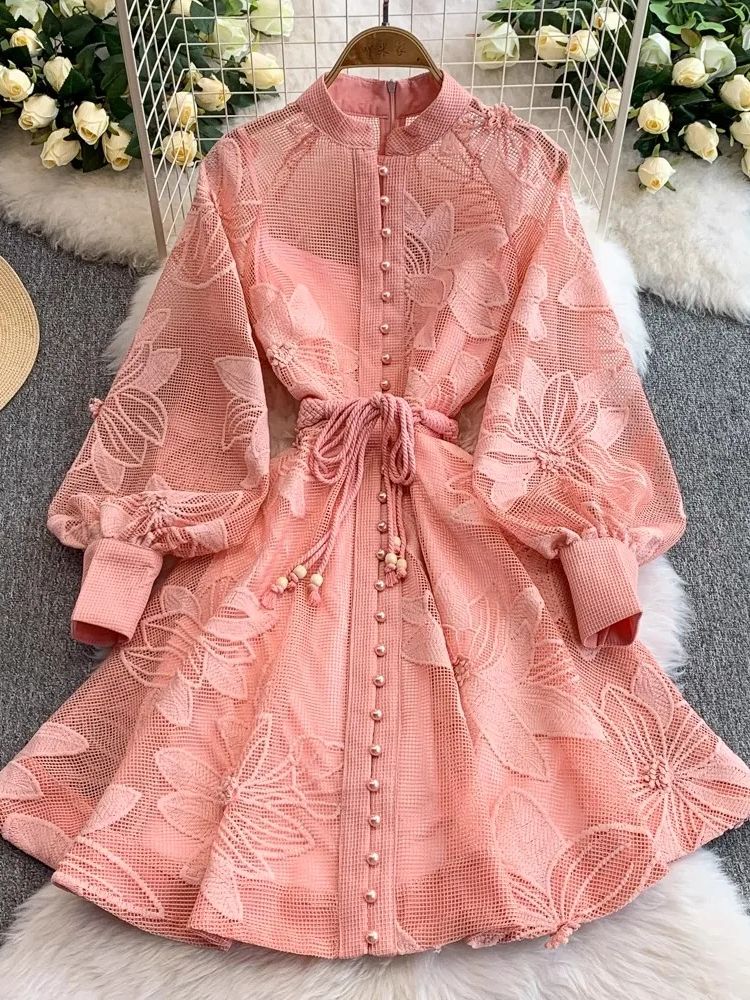 Elegant Hollow Out Lantern Long Sleeve Embroidery Mini Dress