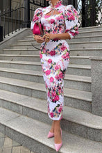 Load image into Gallery viewer, Short Sleeve Floral Stand Collar Bodycon Midi Dress
