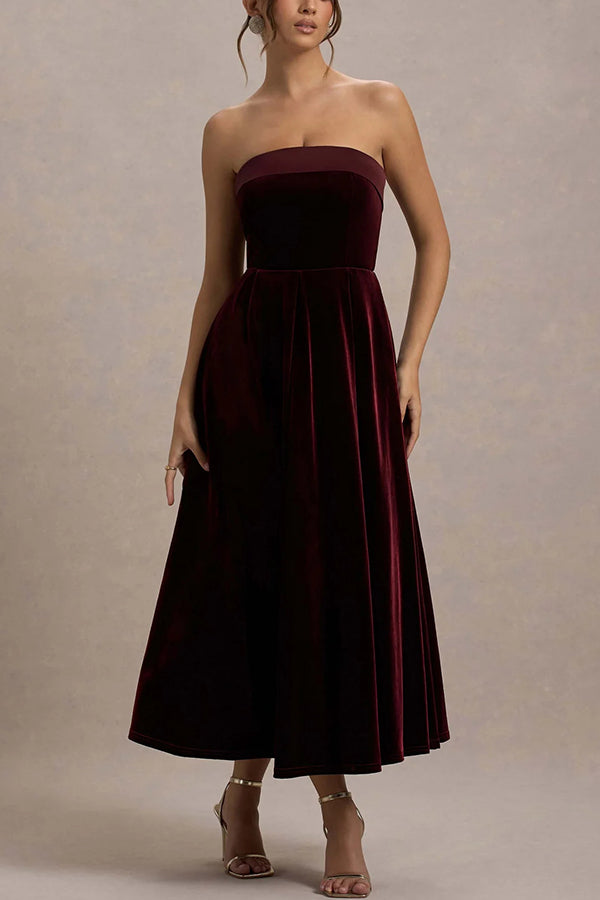 Elegant Strapless A-line Velvet Midi Dress