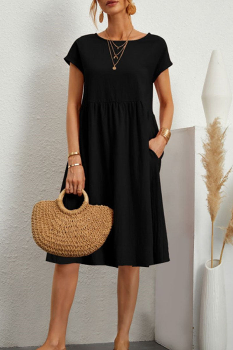 Casual Round Neck Short Sleeve A Line Pockets Midi Dress