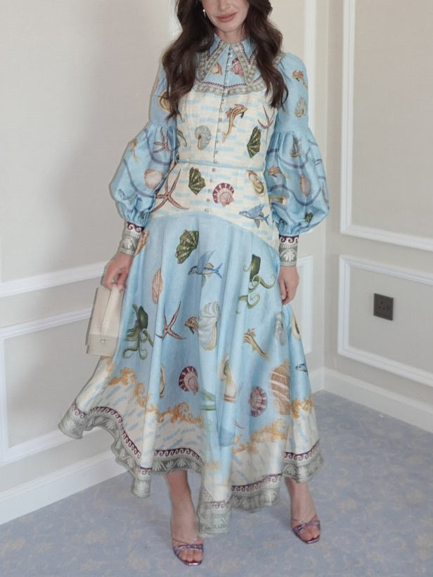 Blue Balloon Long Sleeves Deep Sea Printed Maxi Dress