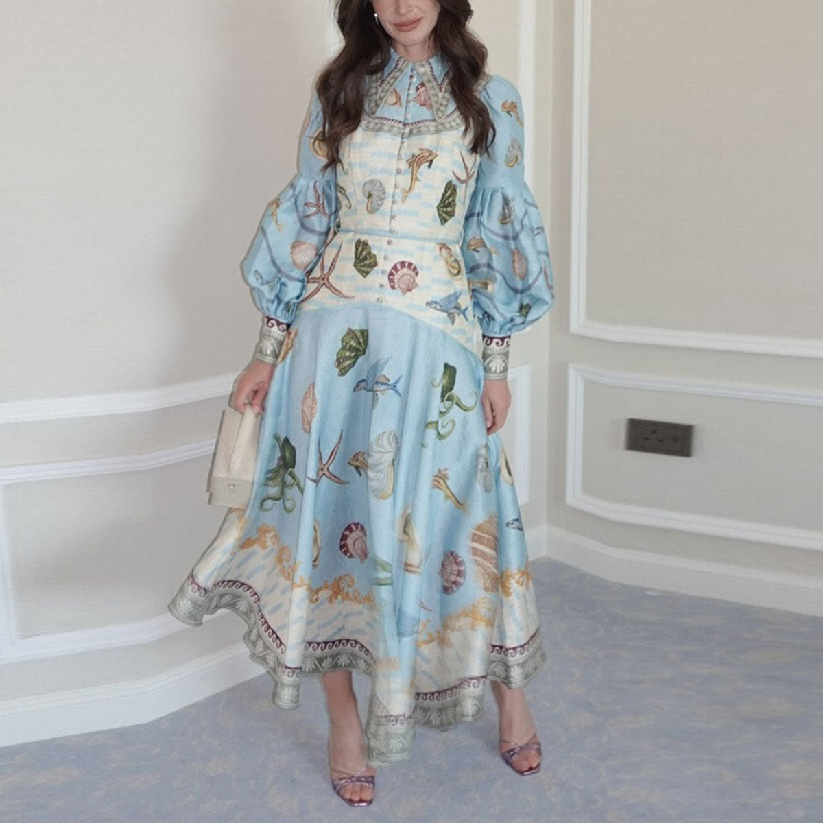 Blue Balloon Long Sleeves Deep Sea Printed Maxi Dress