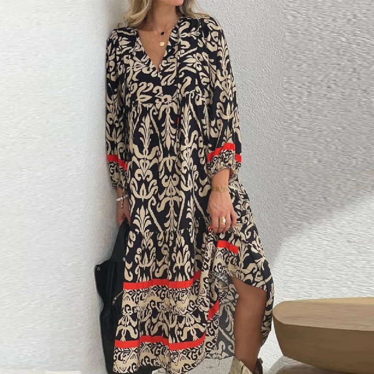 Black Loose Print Long Sleeves Maxi Dress