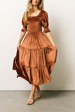 Load image into Gallery viewer, Gold Velvet Squared Neck Ruffles High Waist Smocked Tiered Midi Dress

