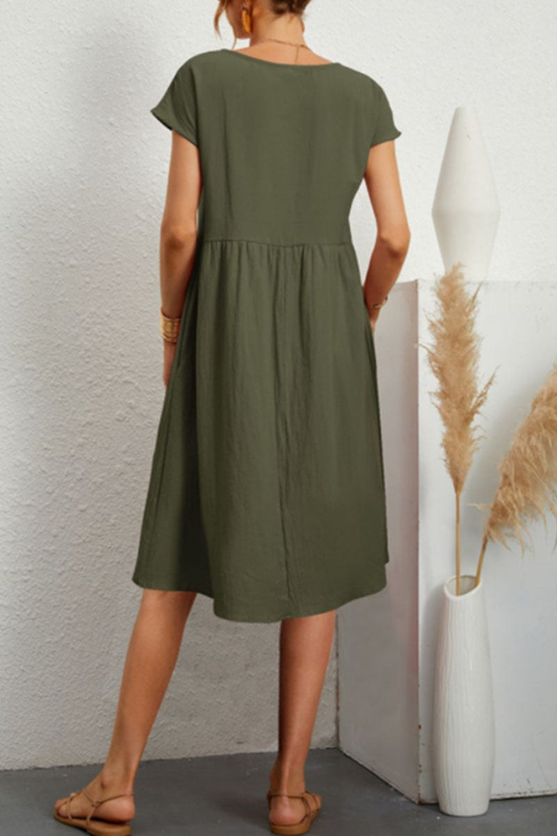 Casual Round Neck Short Sleeve A Line Pockets Midi Dress