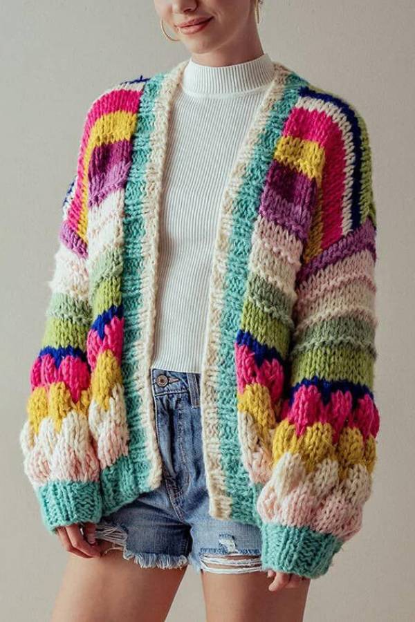 Colorful Striped Chunky Knit Cardigan Jacket
