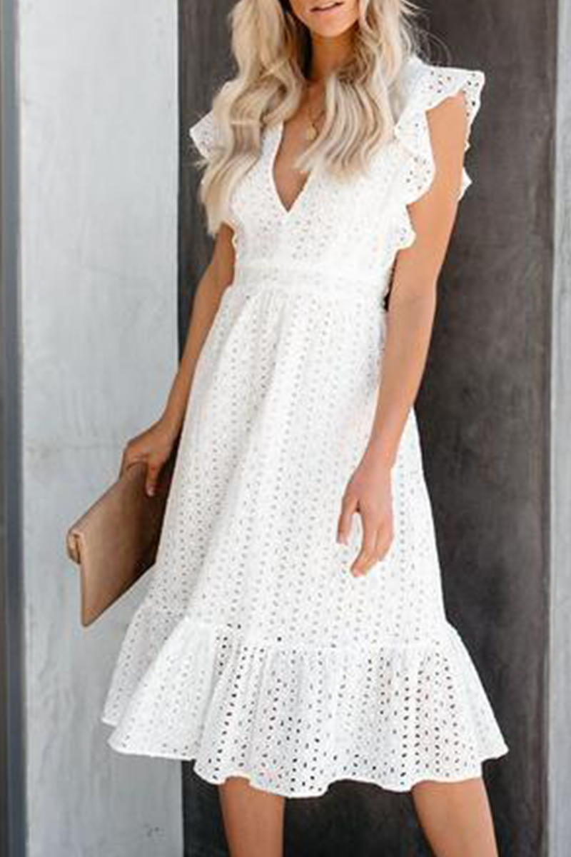 Elegant White Hollowed Out Flounce V Neck Midi Dress