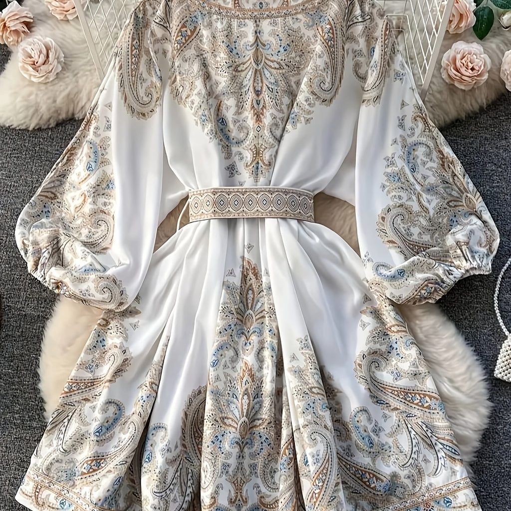 Elegant Floral Print V-Neck Long Sleeve Mini Dress