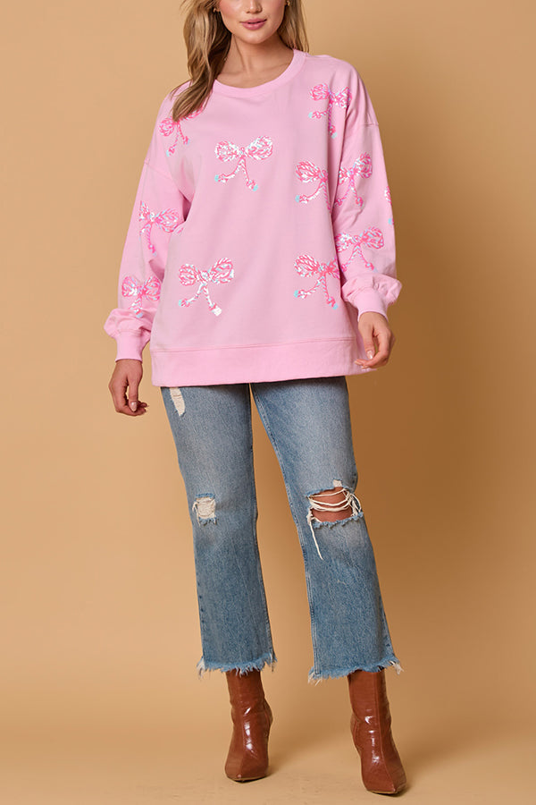 Bow Sequin Casual Loose Long Sleeve Sweatshirt