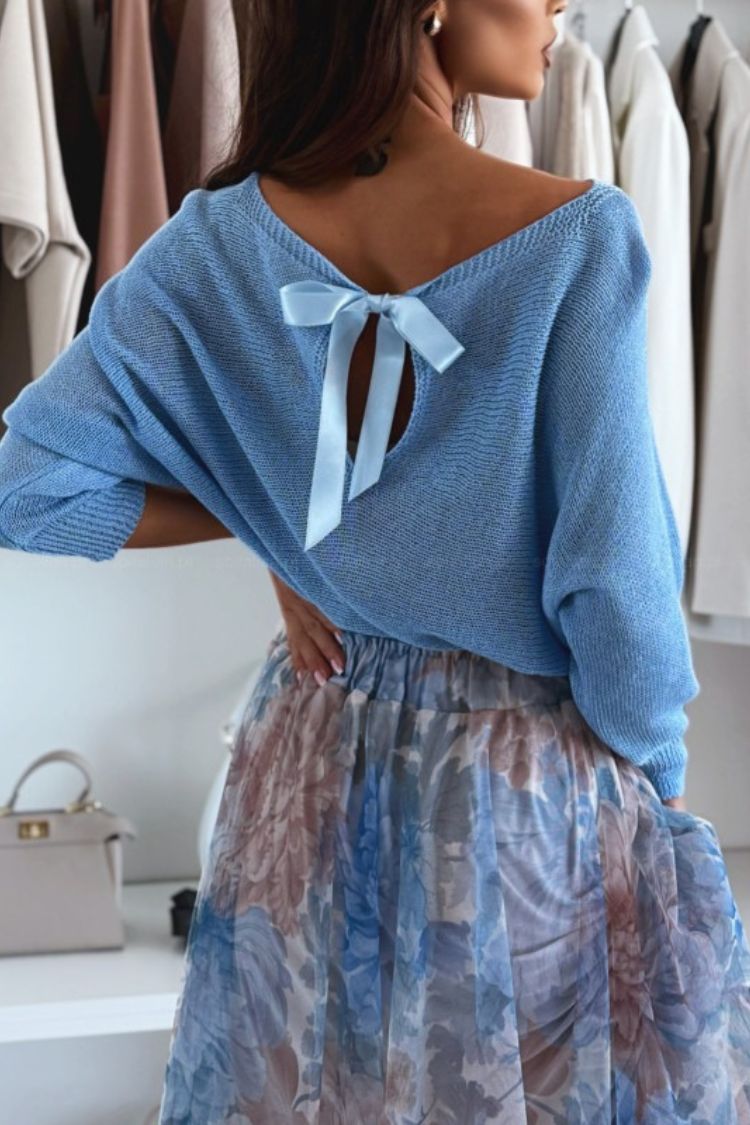 Blue Wide Neck Bow Back Relaxed Sweater