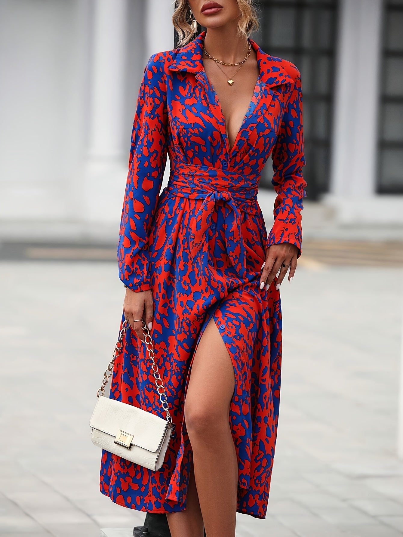 Elegant Long Sleeve Cinched Waist Allover Print Button Down Midi Dress