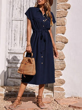 Load image into Gallery viewer, Simple Short Sleeves Collar Drawstring Waist Shirt Midi Dress
