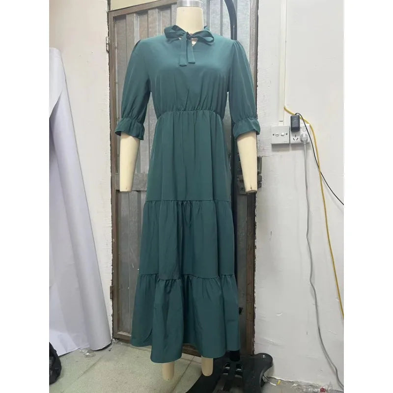 Elegant Ruffle Half Sleeve Tiered Casual Midi Dress