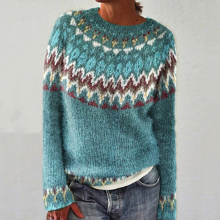 Winter Fall Wave Print Vintage Casual Loose Long Sleeve Knitted Sweater