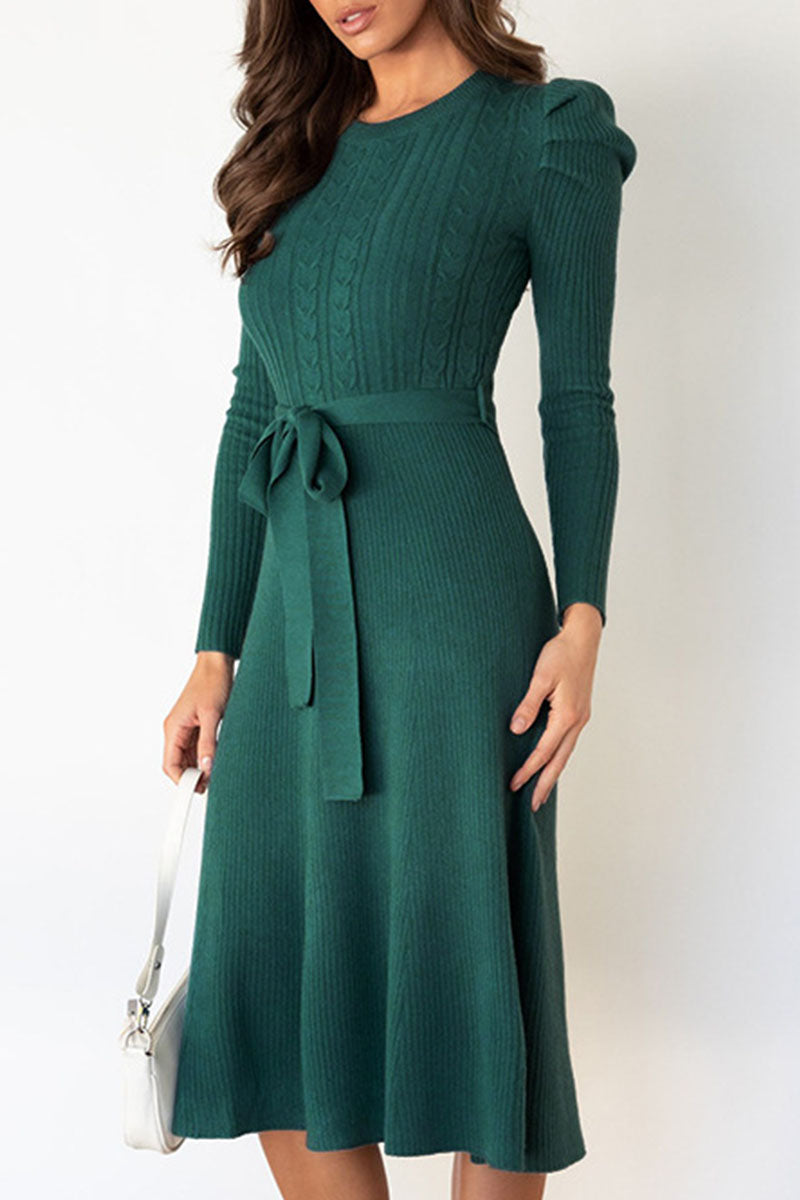 Casual Round Neck Tied Waist Long Sleeves Midi Sweater Dress