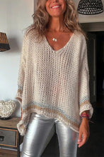 Load image into Gallery viewer, Long Sleeves Knit Striped Trim Hollow Out Loose Pullover Sweater
