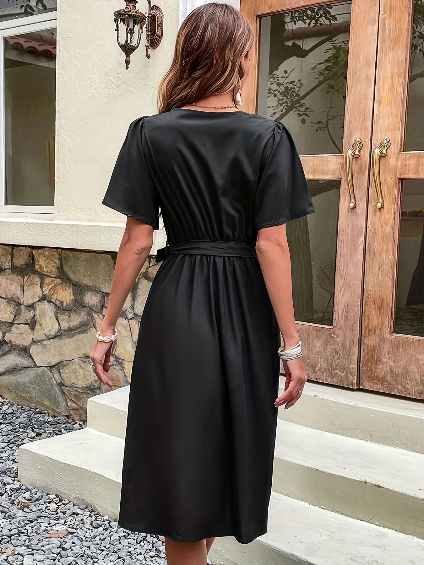Black V Neck Button Front Short Sleeve Midi Dress