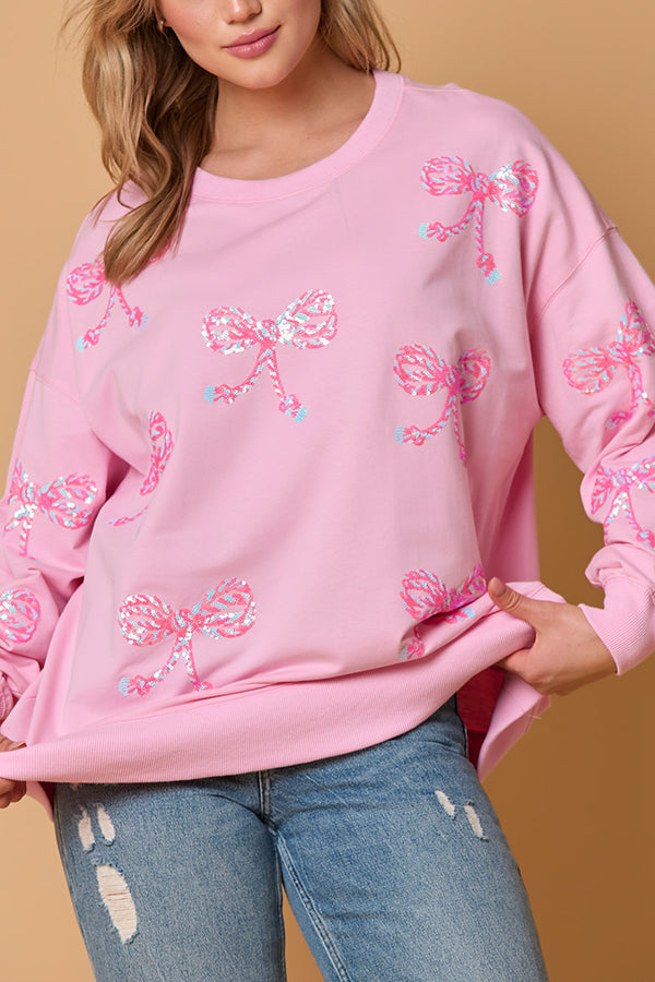 Bow Sequin Casual Loose Long Sleeve Sweatshirt