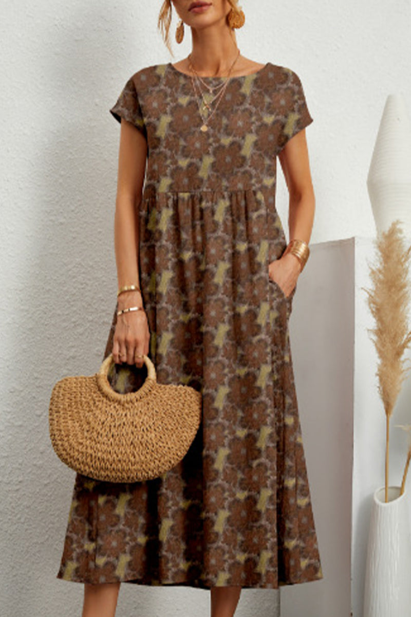 Casual Floral Pocket Round Neck Midi Dress