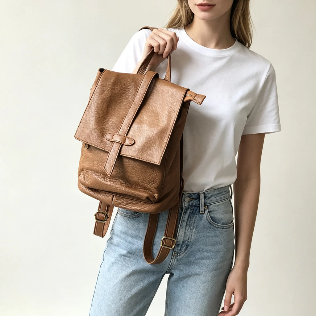 Soft Lightweight Daily Purse Flap Leather Rucksack Backpack