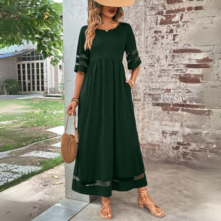 Elegant Sheer Sleeves Round Neck Maxi Dress