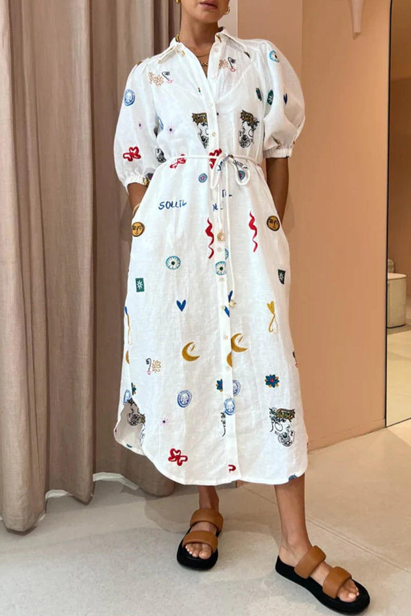 Casual Letter Print Digital Pocket Turndown Collar Shirt Midi Dress