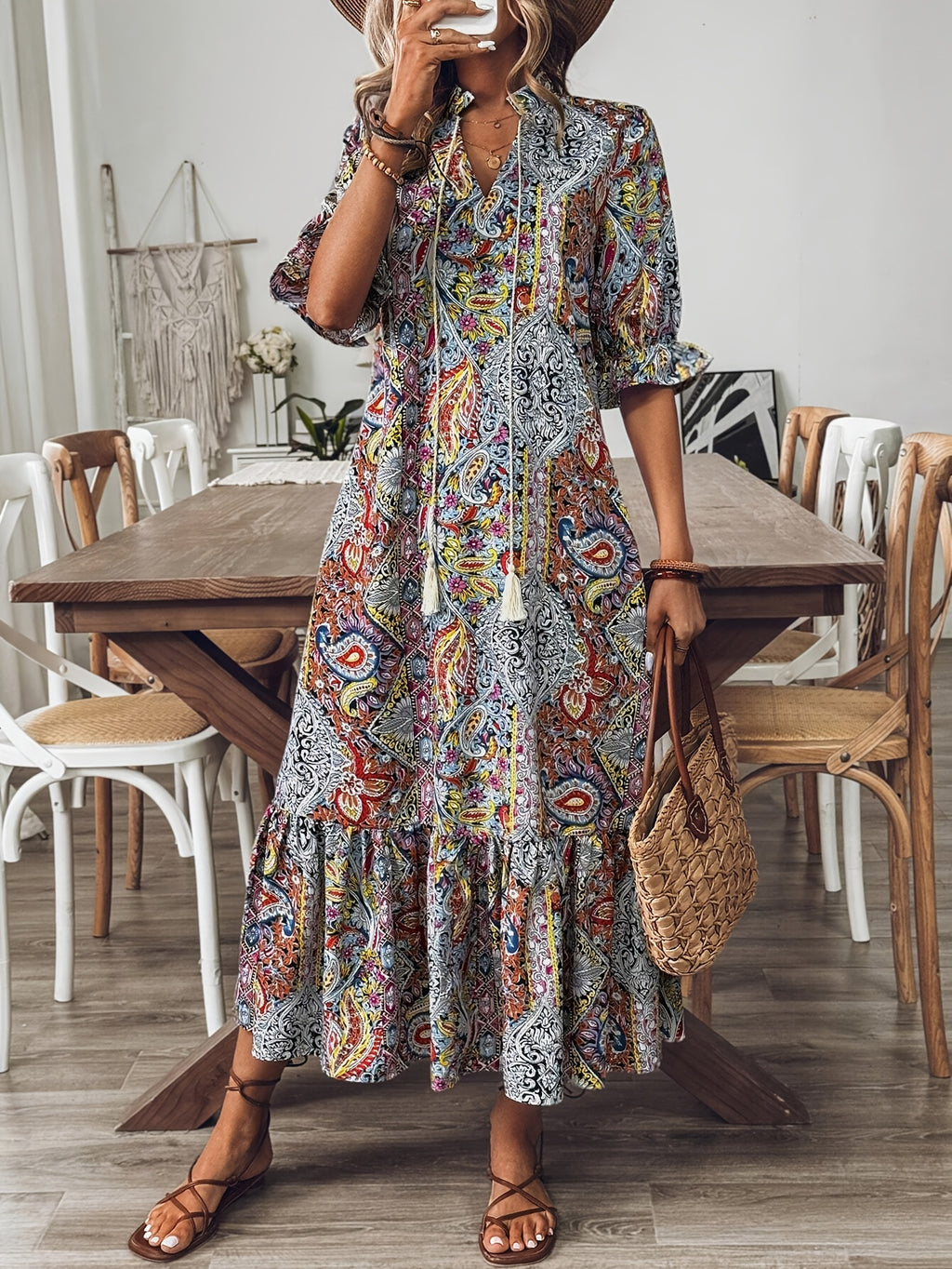 Elegant Boho Paisley Print Half Sleeves Ruffled Trimmed Midi Dress