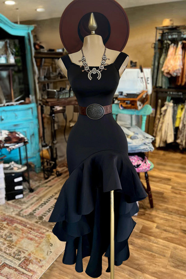 Elegant Round Neck Ruffled Hem High Low Midi Dress