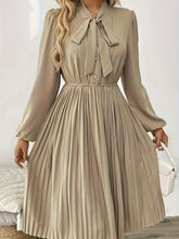 Load image into Gallery viewer, Elegant Beige Tie Neck Pleated Long Sleeve Midi Dress

