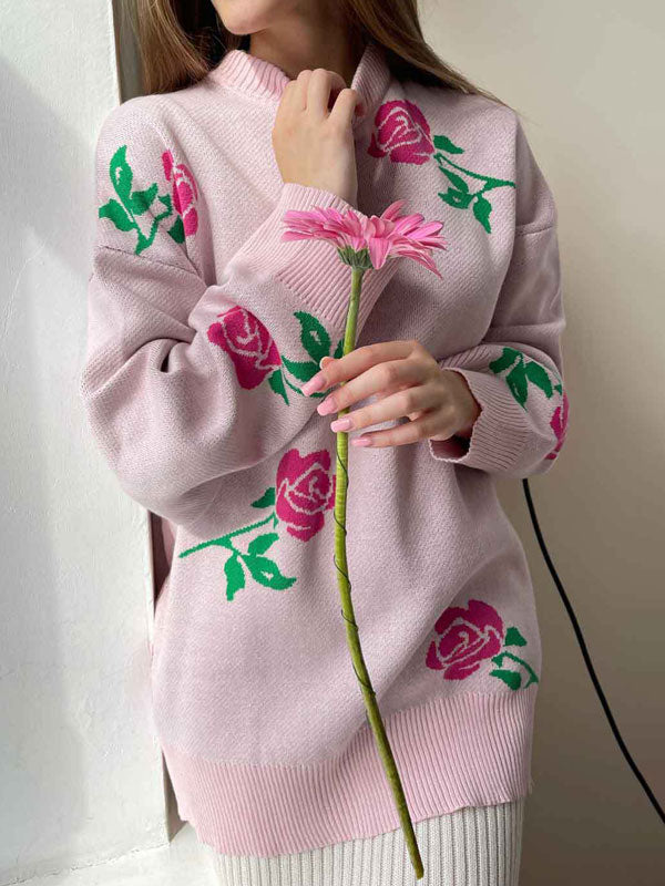 Cute Round Neck Rose Print Long Sleeves Sweater