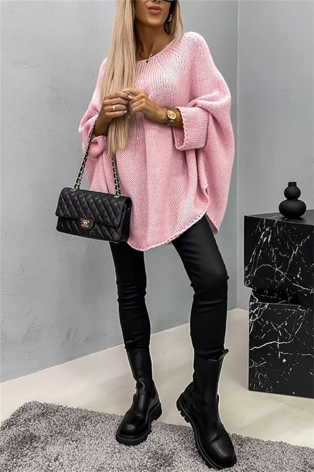 Casual Knit Crew Neck Poncho Loose Sweater