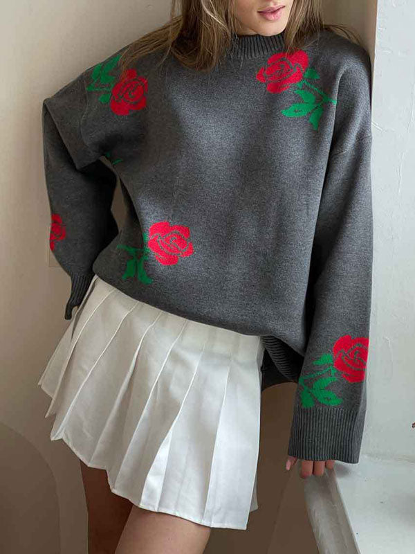 Cute Round Neck Rose Print Long Sleeves Sweater