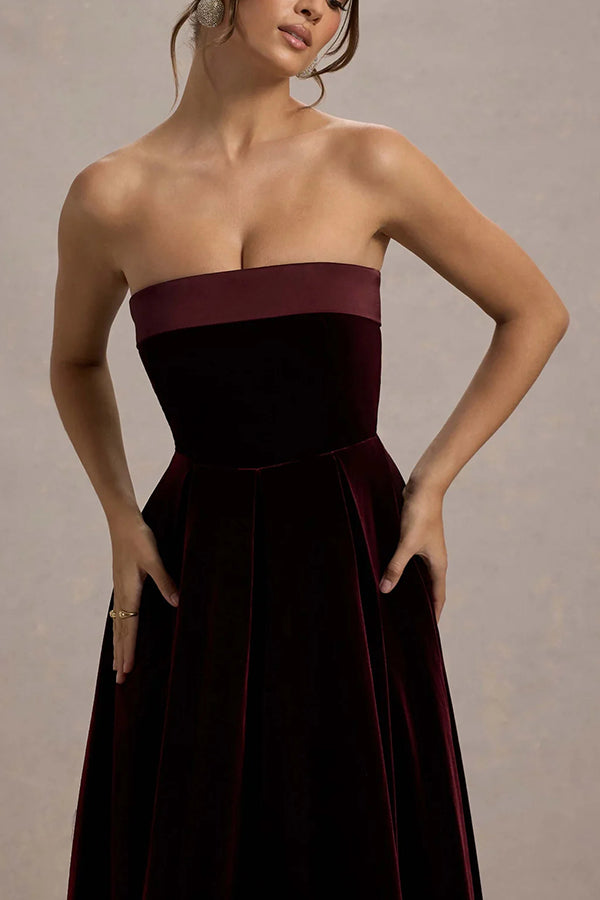 Elegant Strapless A-line Velvet Midi Dress