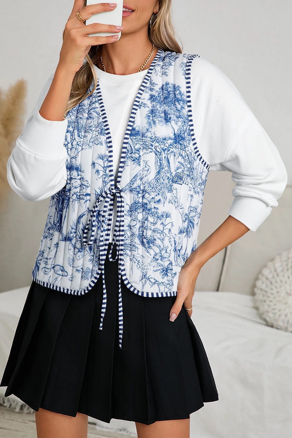 White Floral Striped Reversible Boho Vest