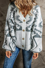 Load image into Gallery viewer, Light Grey Geometric Pattern Ribbed Trim Button Up Cardigan
