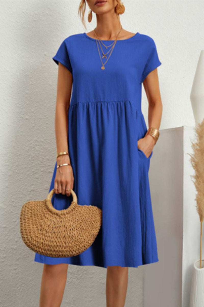 Casual Round Neck Short Sleeve A Line Pockets Midi Dress