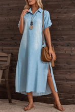 Load image into Gallery viewer, Collar Short Sleeves Slit Side Demin Midi Dress
