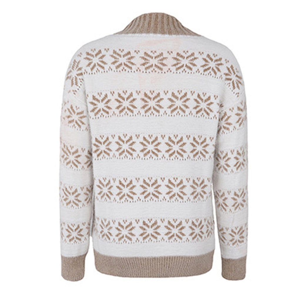 Half Neck Long Sleeve Knitted Snowflake Sweater