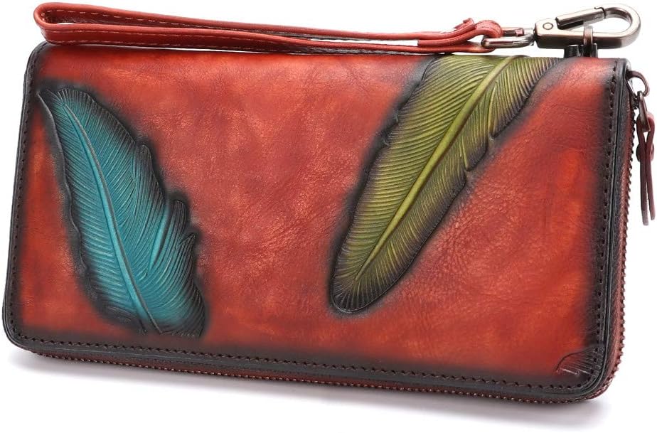Women's Wallet Genuine Leather Zip Around Wristlet Long Purse Unique Embossed Handmade Clutch
