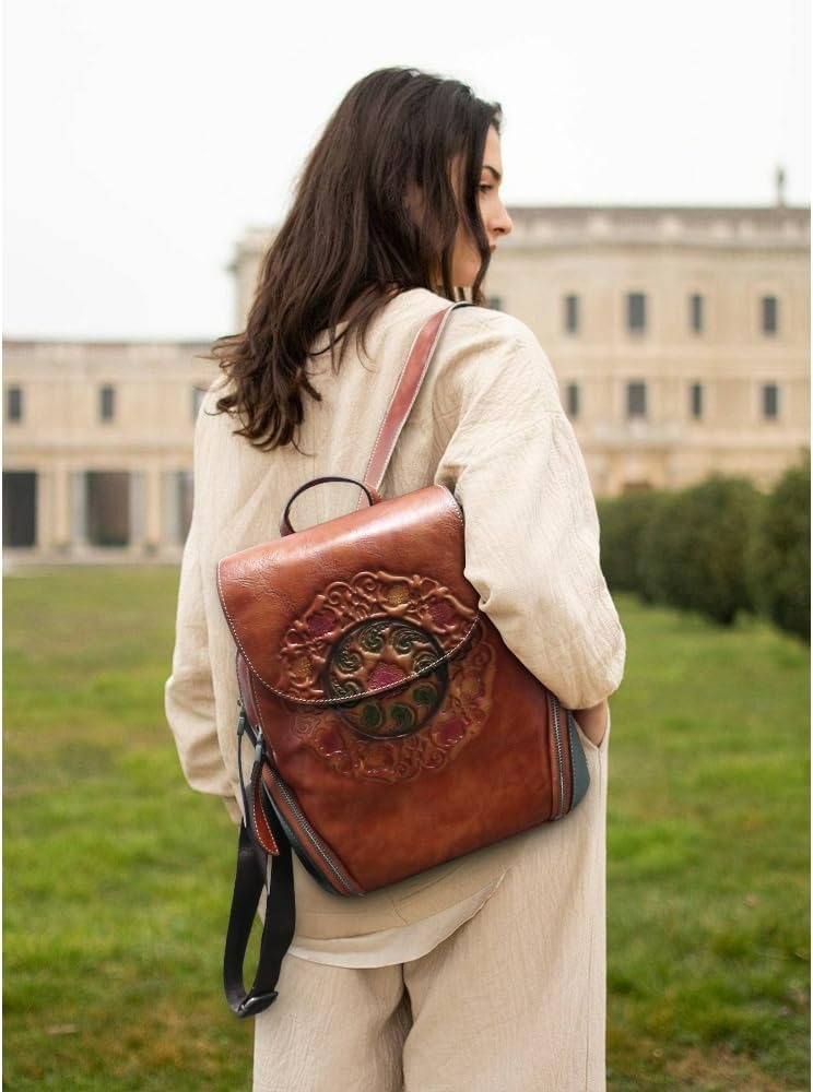 Vintage Embossed Women Leather Backpack
