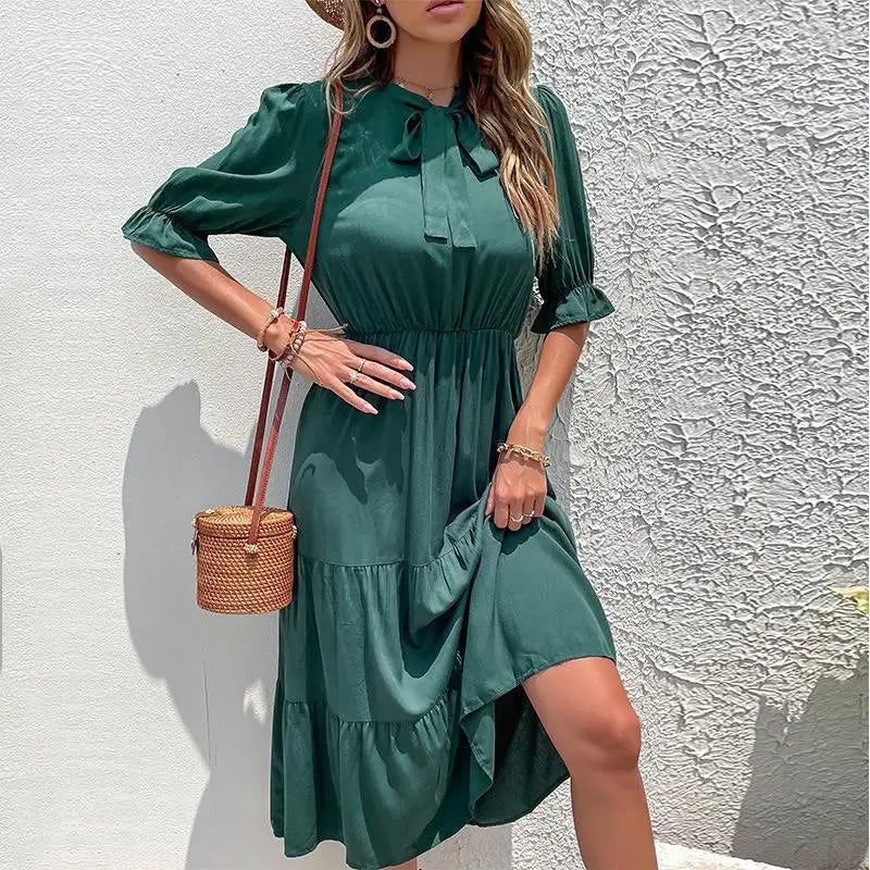 Elegant Ruffle Half Sleeve Tiered Casual Midi Dress